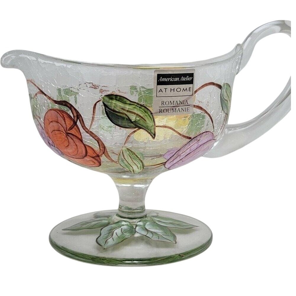 American Atelier Crackle Glass Fruit Gravy Boat Pitcher Romania‎ Hand Paint Leaf